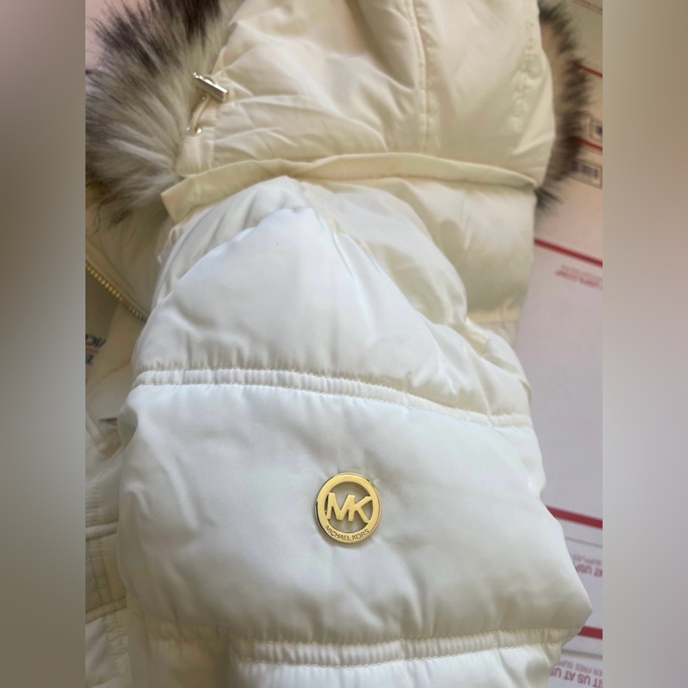 STUNNING 💅❄ Michael Kors Bone White MK Mid-Length Fur Puffer Jacket Coat $360 - Picture 5 of 15